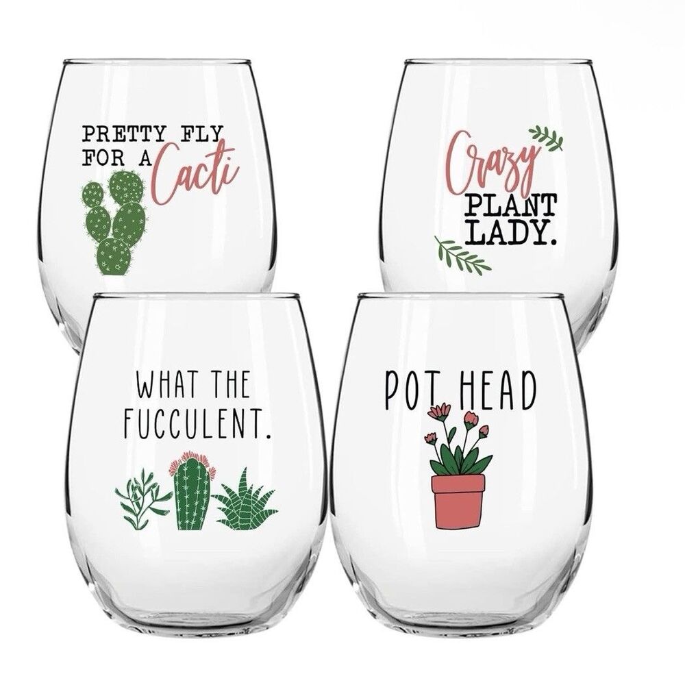 Plant Lovers Funny 15 oz. Stemless Wine Glasses-Set of 4 On The Rox USA Garden